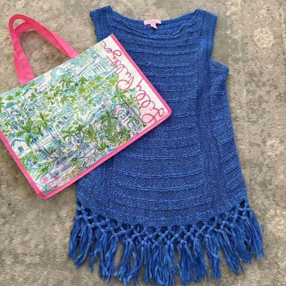 Lilly Pulitzer Luca Lapis Blue Fringe Sleeveless Crochet Sweater Small +Tote Bag